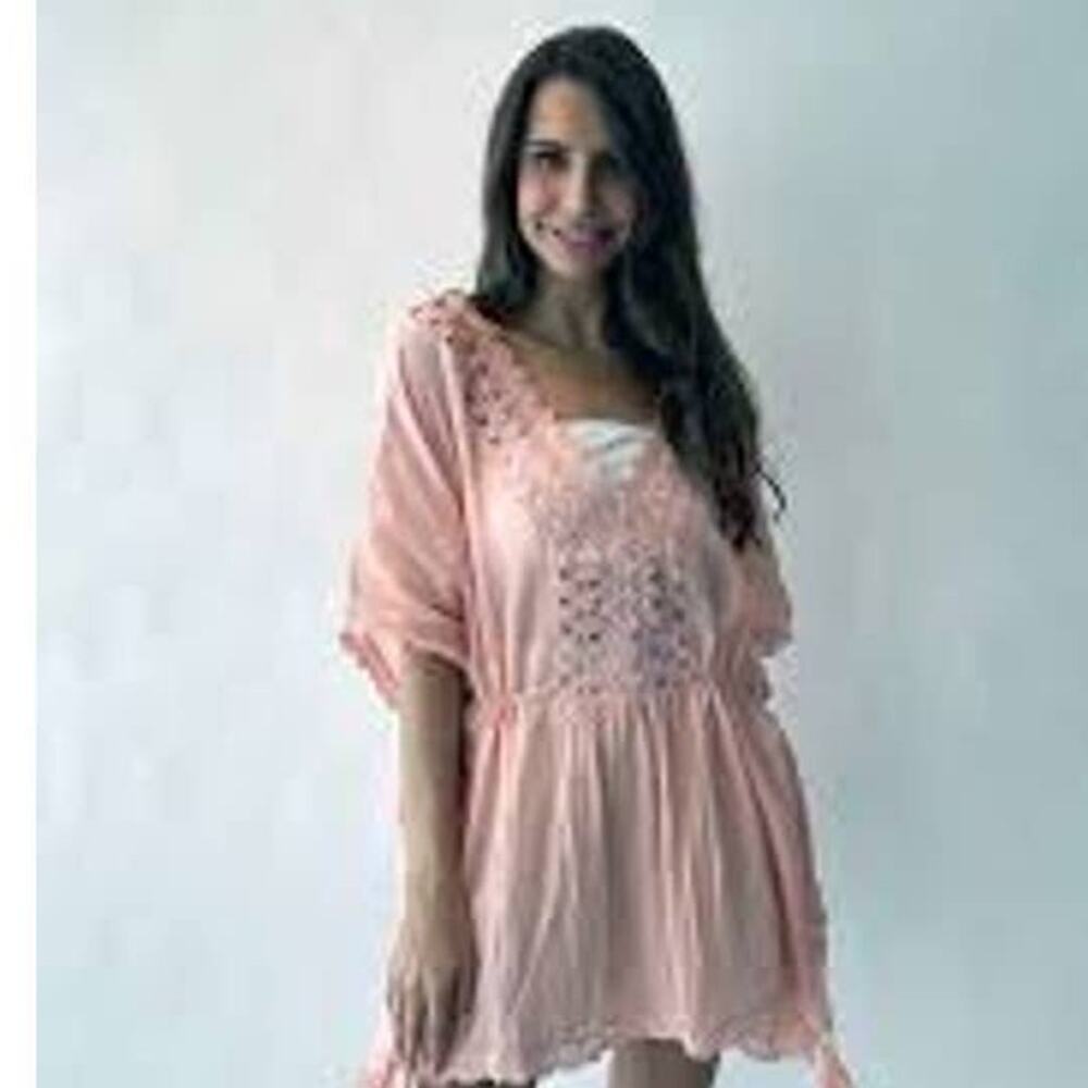 Scarlett Poppies A Day On The Beach Blush Pink Cover Up Crochet Kaftan OS Medium